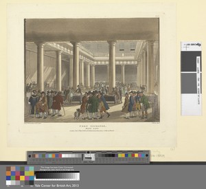 Corn Exchange by John Bluck, active 1791-1831, in Aquatint, hand-colored. Download this artwork as a high-resolution wallpaper for desktop, tablet, or mobile. — John Bluck, active 1791-1831 Wallpaper