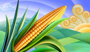 Ein Cartoon-Maiskolben mit grünen Blättern auf einem Feld unter einem blauen Himmel mit Wolken und Sonne — Candy Corn Wallpaper
