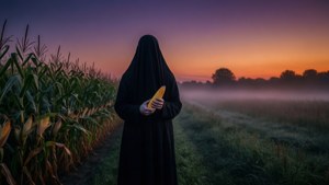 Sosok misterius di ladang jagung berkabut saat senja dengan pencahayaan surealis ala M. Night Shyamalan.