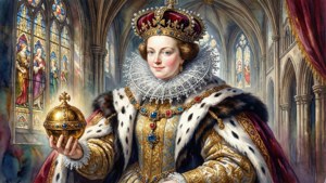 Adegan penobatan cat air Elizabeth I dengan mahkota dan bola di katedral.