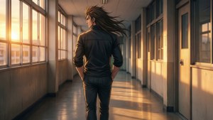 Toga Yagari marchant avec confiance dans un couloir d'école ensoleillé.