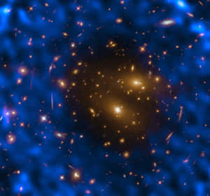 Un denso cúmulo de galaxias y estrellas doradas en un campo cósmico azul profundo. — Garou Cósmico Imagen Fondos de pantalla