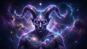 Æterisk Baphomet svævende i en kosmisk tåge med stjernefyldte horn.