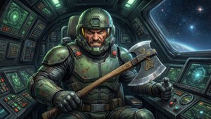 Axe Cop matkustaa galaksissa, kirves kyljellään.