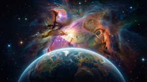 Weltraumnebel mit Planet und Sternen, Tiefeneffekt.