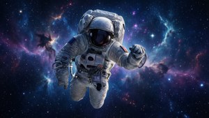 Jana Nayagan fluttua nello spazio con nebulosa e stelle come sfondo cosmico