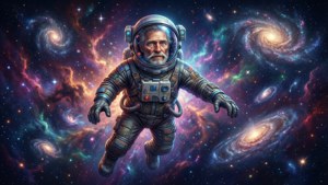 Wilbur Soot como astronauta em uma nebulosa colorida.