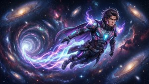 Scène de science-fiction épique de To Be Hero X volant à travers un vortex spatial coloré