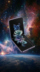 Z Flip 5 flytande i yttre rymden med en livlig nebulosa och stjärnklar bakgrund.