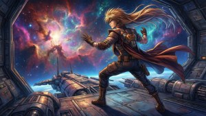 Gene Starwind di dek Outlaw Star, menatap nebula berwarna-warni.