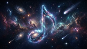 Not kedelapan halus melayang di antara bintang dan nebula di luar angkasa.