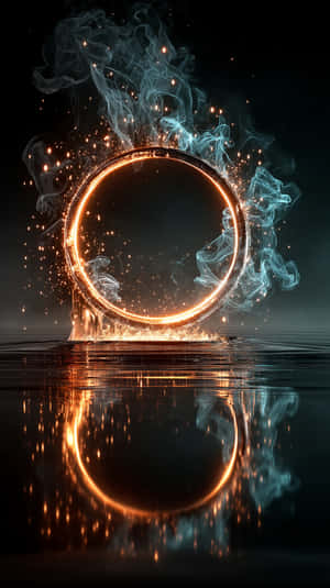 Ein glühender goldener Ring bricht aus Wasser hervor, mit blauem Rauch und Funken, die eine gespiegelte Reflexion erzeugen. — Sci Fi Bilder