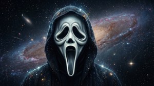 Ghostface-maske på drift i rummet, kosmisk og surrealistisk.