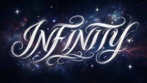 Een kosmische achtergrond met witte schrijfletter op sterrenhemelachtergrond.