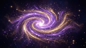 Spiralgalaxie, die im tiefen Weltraum in Violett und Gold leuchtet.