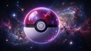 En Poké Ball svävar i en färgglad stjärngalax med virvlande nebulosor.