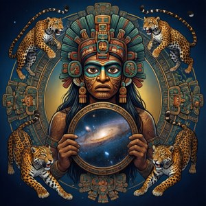 Tezcatlipoca med speil og jaguarånder i art nouveau-stil