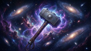 Mjolnir schwebt in einem kosmischen Nebel mit Sternen und Galaxien.