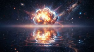 Surrealistinen supernova heijastuu tyynellä kosmisella merellä, ja valon väreet leviävät veden pinnalla.