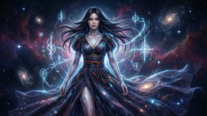 A mystical woman in a flowing gown stands amidst a vibrant cosmic nebula with glowing magical symbols. — Raiden Shogun Wallpaper