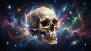 Skalle flytande i rymden med nebulosa