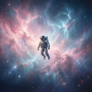 Sebuah karya seni persegi 1:1 yang indah dari seorang astronot melayang di nebula pastel.