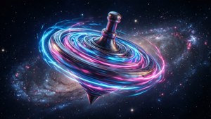 Et glødende snurrebass i verdensrommet med neonenergistriper og galakserefleksjoner