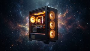 PC Meme surreale che fluttua nel vuoto cosmico con LED arancioni e sfondo stellato