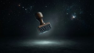 Et tomhedsstempel, der flyder i et mørkt kosmisk tomrum med stjerner, mystisk og uhyggeligt.