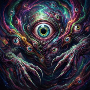 En surrealistisk baggrund af SCP Overlord som en kosmisk hvirvel af øjne og kløer.