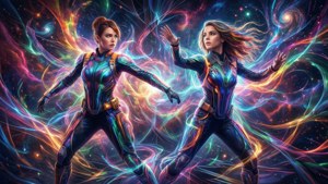 Scène cosmique surréaliste avec Miles et Gwen brillant d'énergie.