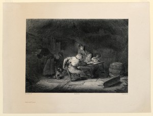 Cottage Interior by Célestin François Nanteuil, created 1849, in Lithograph on paper. Download this artwork as a high-resolution wallpaper for desktop, tablet, — Art Picture