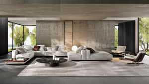 Minimalist modern living room with gray sofas and large windows showing green trees. — Couch Wallpaper