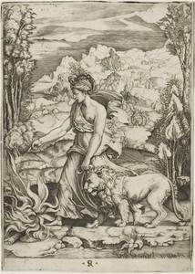 Courage by Marco Dente da Ravenna, created 1516/20, in Engraving in black ink on paper. Download this artwork as a high-resolution wallpaper for desktop, tablet — Illustration Wallpaper