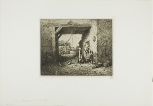 Courtyard Interior by Charles Emile Jacque, created 1849, in Etching on cream China paper laid down on ivory wove paper. Download this artwork as a high-resolut — Illustration Wallpaper