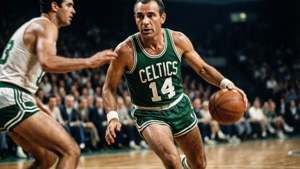 Vintage basketspelare i grön Celtics-tröja dribblar under en match.