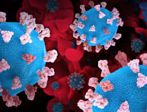 Blaue Viruspartikel mit rosa Spikes zwischen roten Blutkörperchen in einer medizinischen Illustration. — Virus Wallpaper