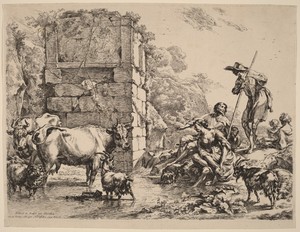 Cow Drinking by Nicolaes Pietersz Berchem, created 1680, in etching. Download this artwork as a high-resolution wallpaper for desktop, tablet, or mobile. — Art Picture