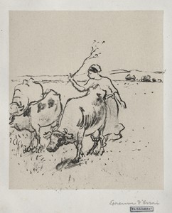 Cowherder by Camille Pissarro, created c. 1899, in Zinc lithograph with chine collé. Download this artwork as a high-resolution wallpaper for desktop, tablet, o — Camille Pissarro Wallpaper