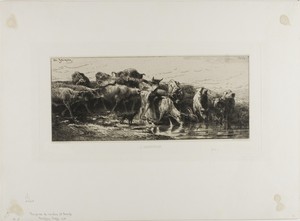 Cows Drinking by Charles Emile Jacque, created 1866, in Etching and drypoint on chine, laid down on ivory wove paper (chine collé). Download this artwork as a h — Charles Emile Jacque Wallpaper