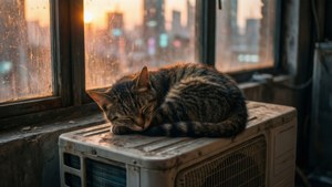 Gato pacífico cochilando em uma unidade de ar condicionado com brilho quente do pôr do sol em um mundo cyberpunk sombrio.