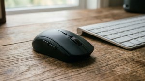 A warm, natural light close-up of a wireless mouse and keyboard on a wooden desk.