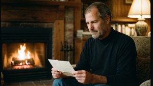 En nostalgisk scen av Reed Paul Jobs vid en öppen spis som läser ett brev.