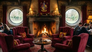 A sala comum da Gryffindor, quente e acolhedora, com uma lareira crepitante