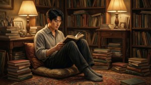 Hu Tao reading in a warm library