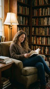 Stacey Farber immersa in un libro in un ambiente caldo di biblioteca.