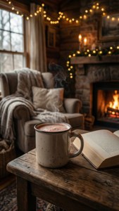 Un angolo di lettura caldo con cioccolata calda e luci fatate.