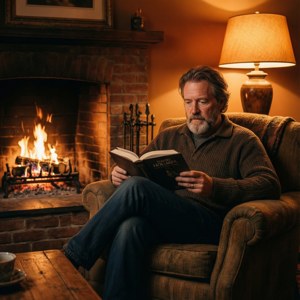 Et rolig og ettertenksomt portrett av David Holmes som leser ved en peis i en koselig setting.