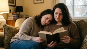 Lesbian couple reading together on a couch, cozy atmosphere. — Lesbian Wallpaper