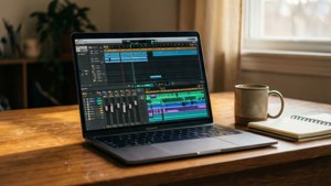 FL Studio on a laptop in a cozy studio with coffee